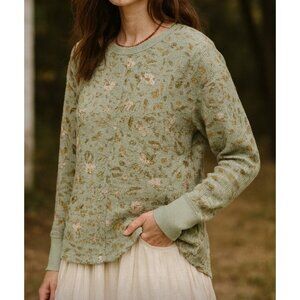 Knox Rose Women’s LS Thermal Top Size L Green Floral Waffle Knit Boho Casual